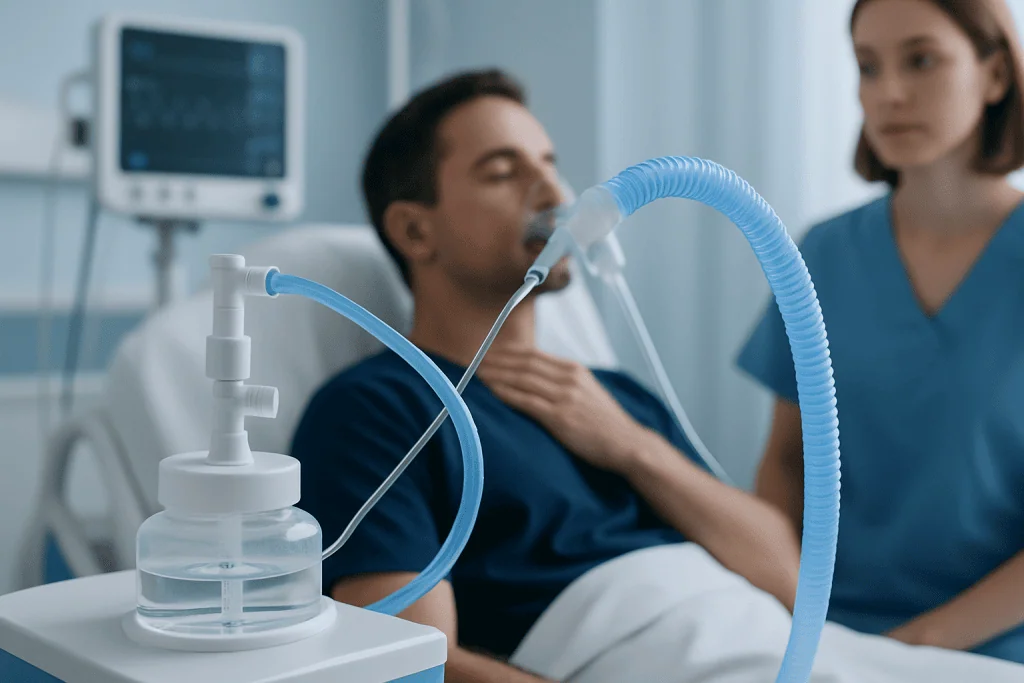 Patient receiving oxygen therapy with ventilator in hospital setting.