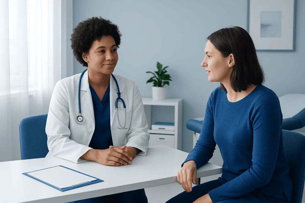 Doctor consulting with a patient in a modern medical office.