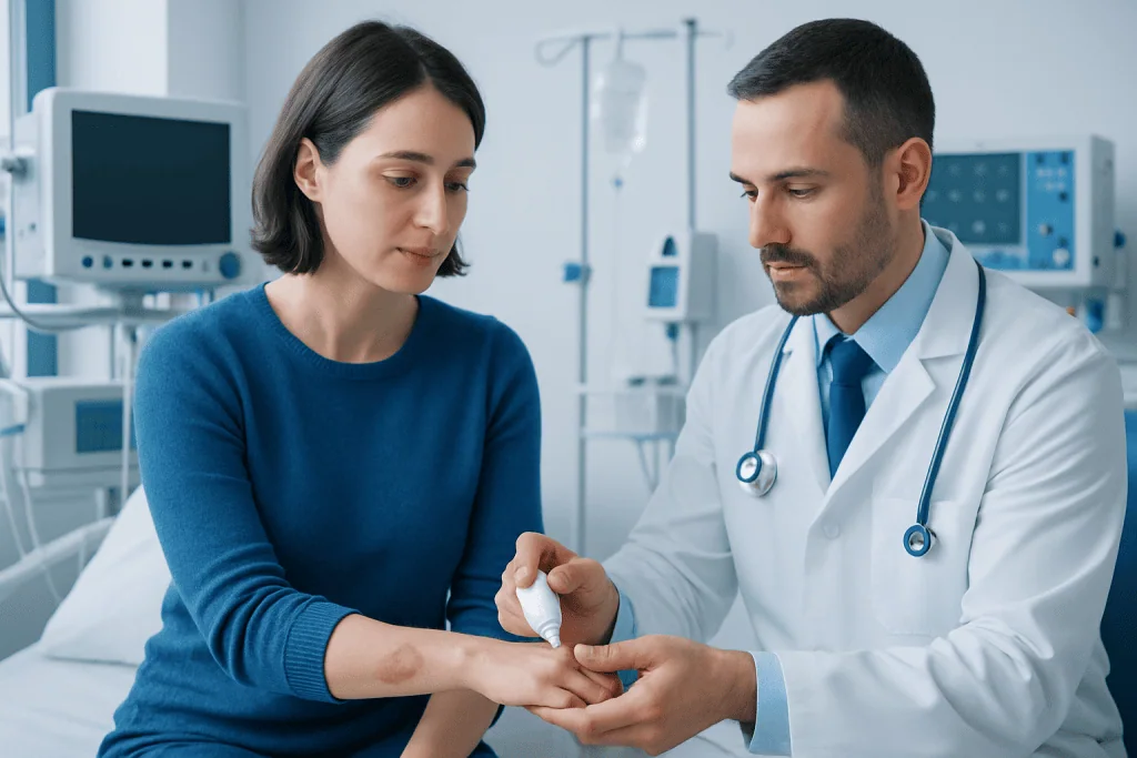 Doctor examining patient's arm in hospital setting.