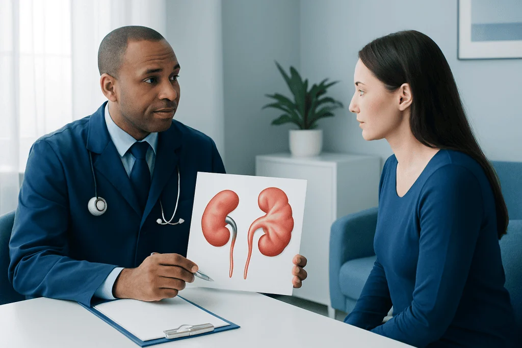 Doctor explaining kidney anatomy to patient with kidney diagram.