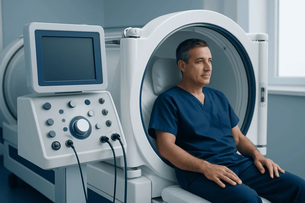 Medical professional preparing for MRI scan at Acibadem Hospital.