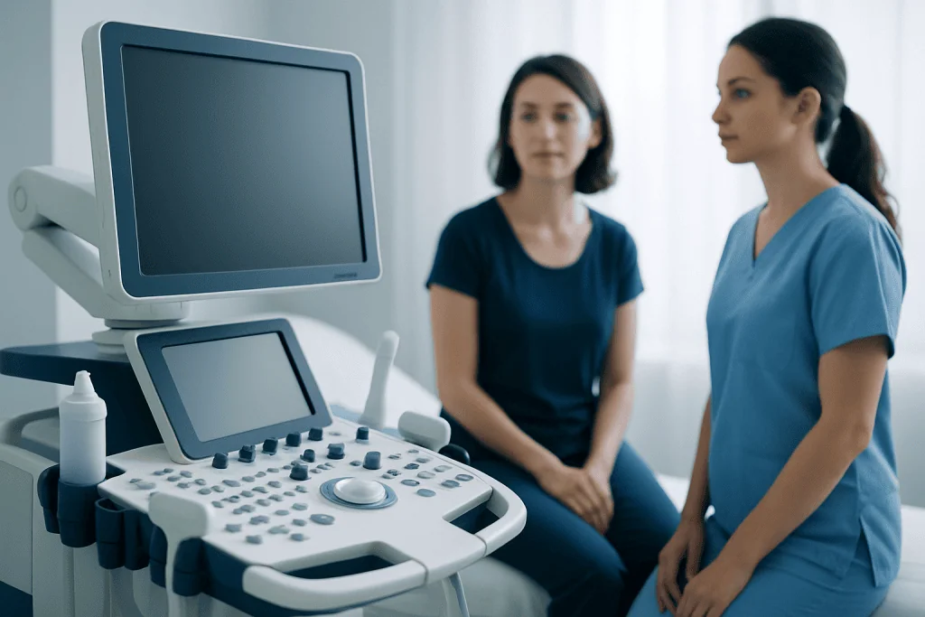 Medical professionals discussing patient care with ultrasound equipment in the background.