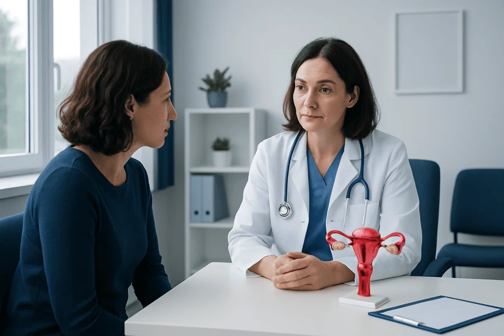 Gynecologist discussing endometriosis with patient in consultation room.