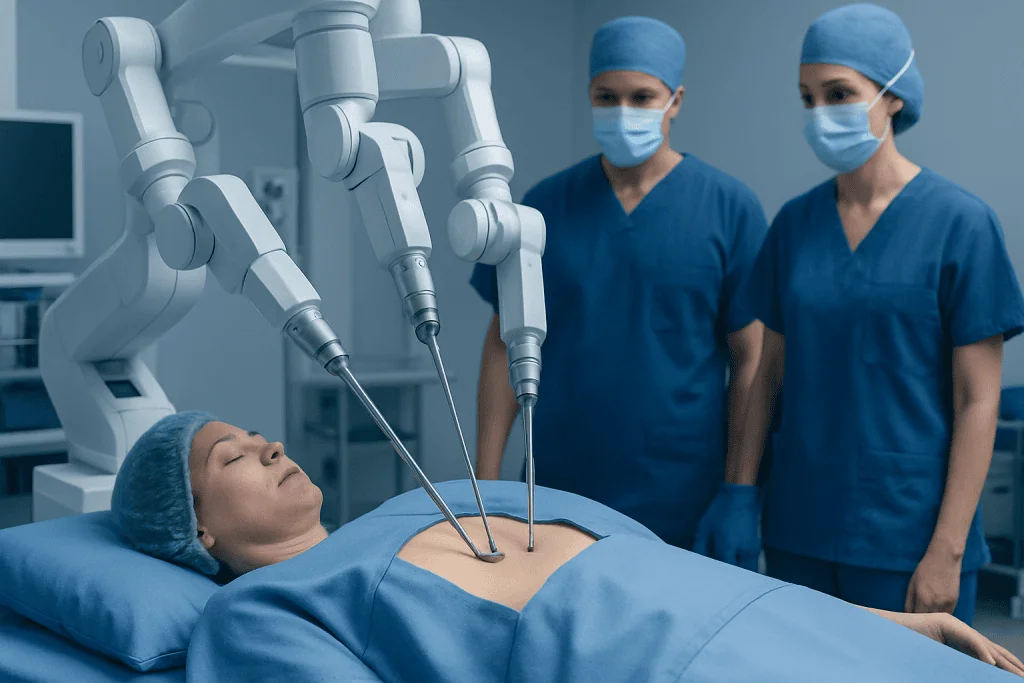 Minimally invasive hysterectomy procedure with robotic surgical tools.