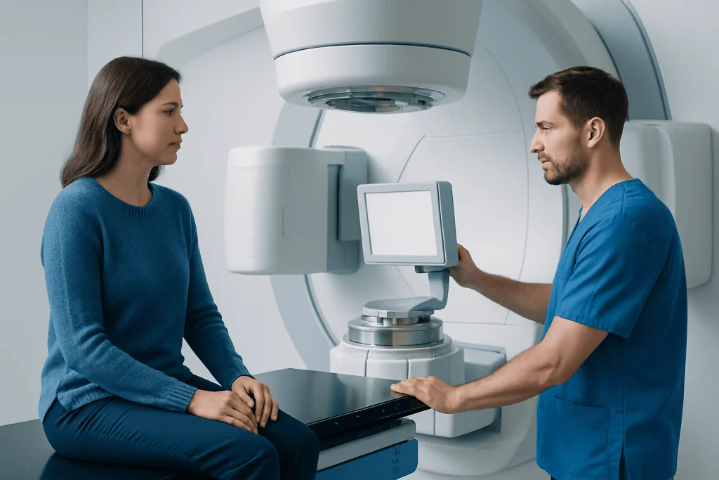 Medical professional prepares MRI scan for patient in a hospital setting.