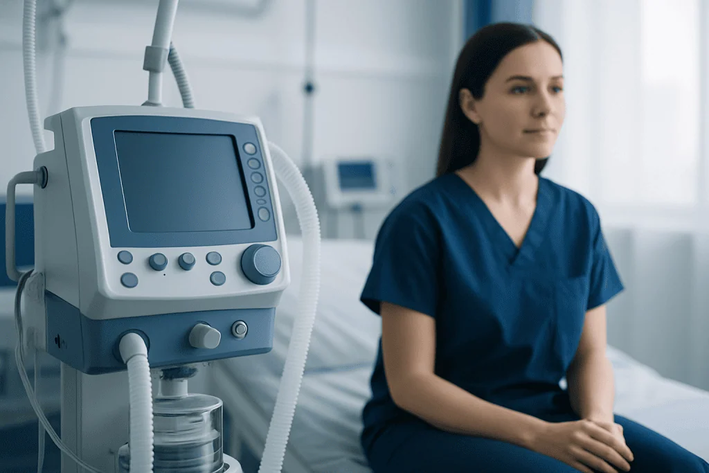 Medical professional sitting in hospital room with ventilator equipment nearby.