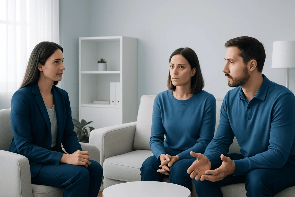 Therapist and clients in a counseling session at Acibadem Hospitals Group.