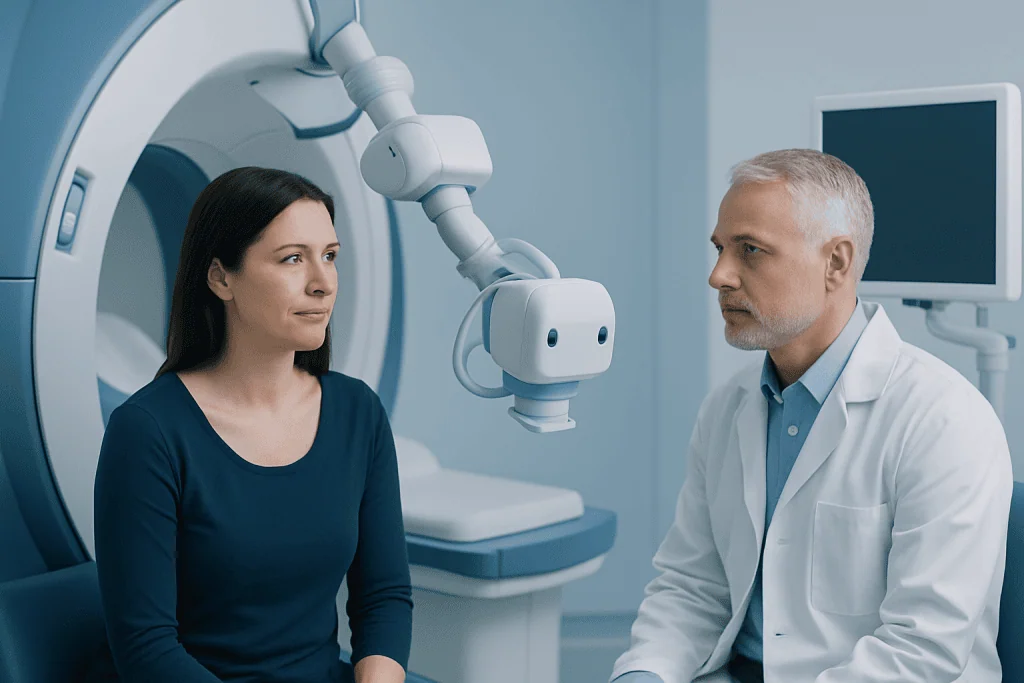 Medical professional explains imaging results to a patient in a hospital setting.