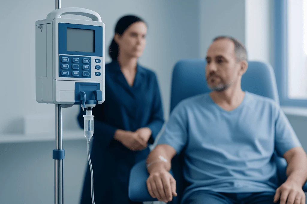 Patient receiving IV therapy in a hospital setting with medical staff nearby.