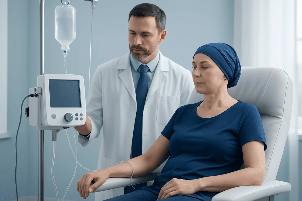 Doctor monitoring a patient receiving IV therapy in a hospital setting.