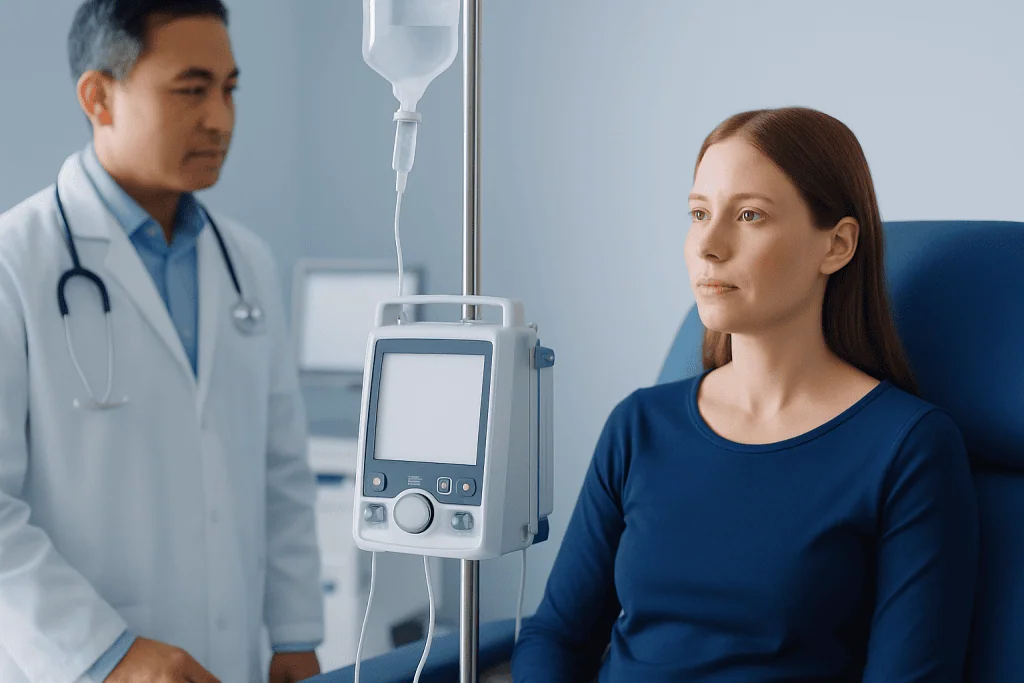 Patient receiving medical treatment in hospital room with doctor present.