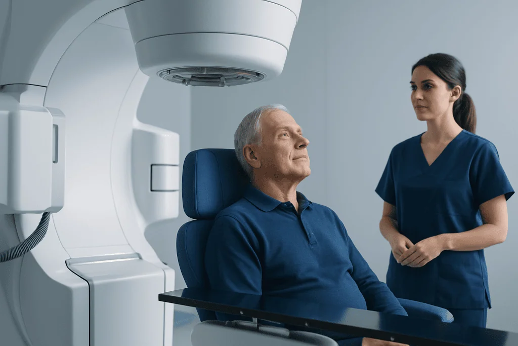 Senior man undergoing MRI scan at Acibadem Hospital.