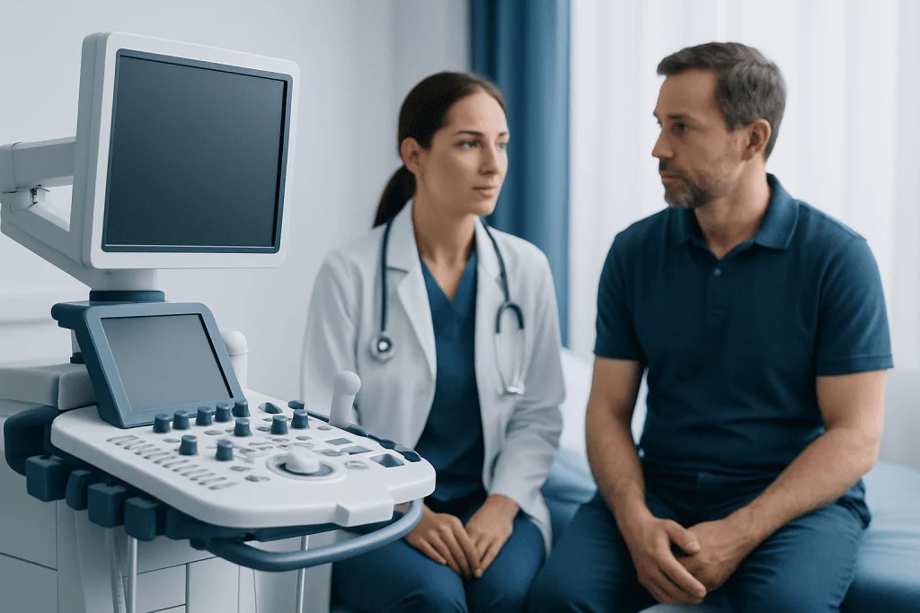 Doctor and patient discussing medical results in a clinic setting.