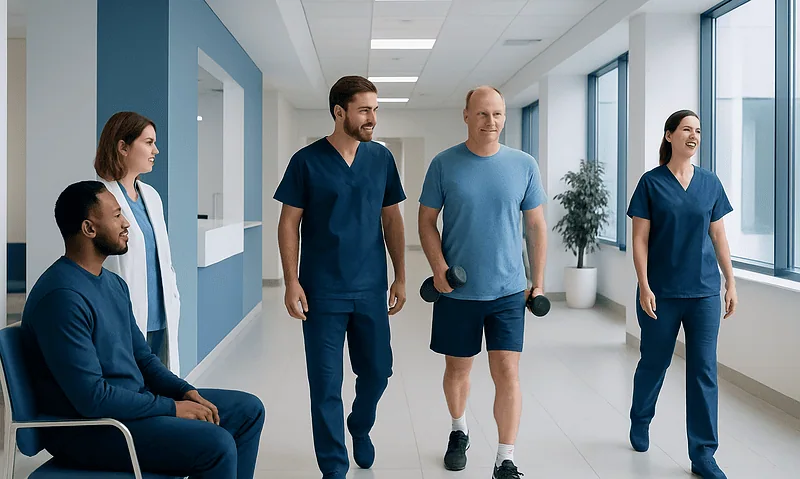 Patients and healthcare professionals in a hospital corridor with large windows.