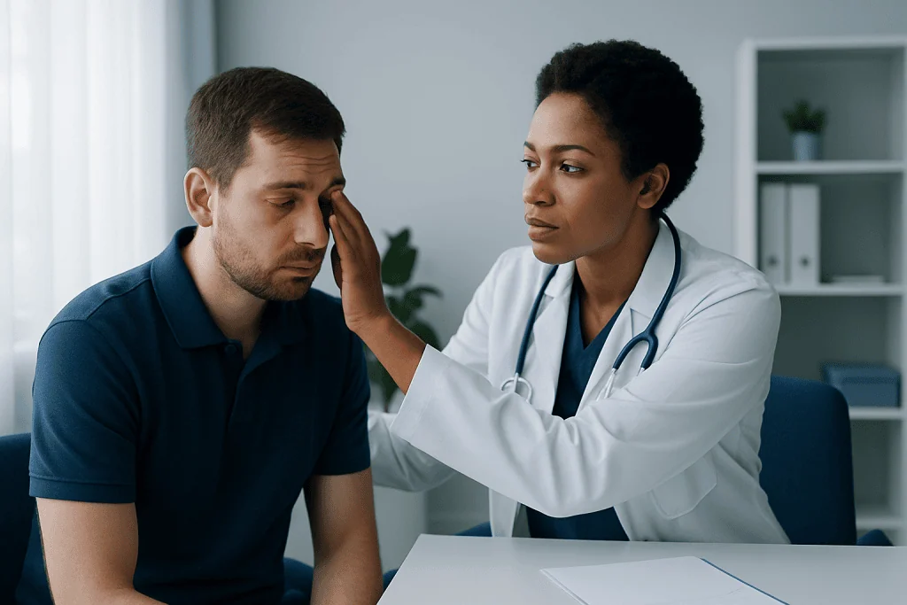 Doctor examining a patient's eye in a clinical setting.
