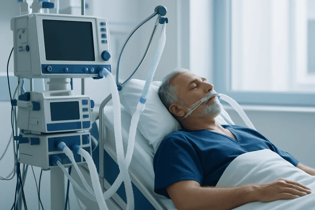 Elderly patient in hospital bed connected to ventilator and monitoring equipment.