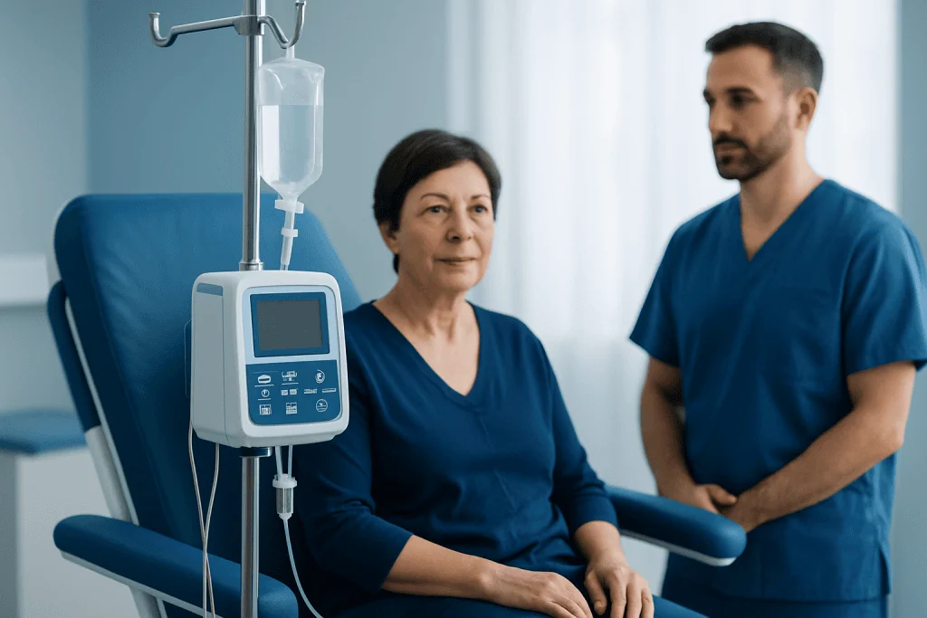 Patient receiving infusion therapy in a hospital setting with medical staff nearby.