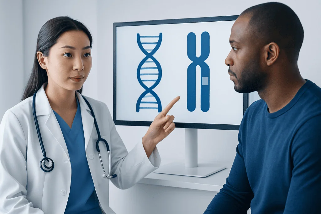 Doctor explaining DNA structure to patient in a medical consultation.