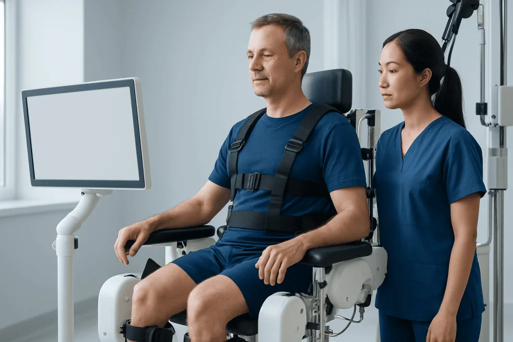 Patient undergoing physical therapy with a healthcare professional at Acibadem Hospital.