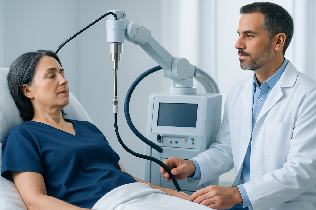 Doctor performing a medical procedure on a female patient in a hospital setting.