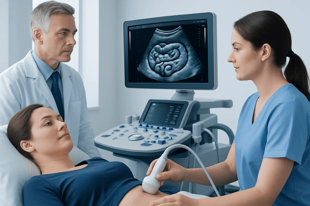 Medical professionals perform an ultrasound scan on a patient in a hospital setting.