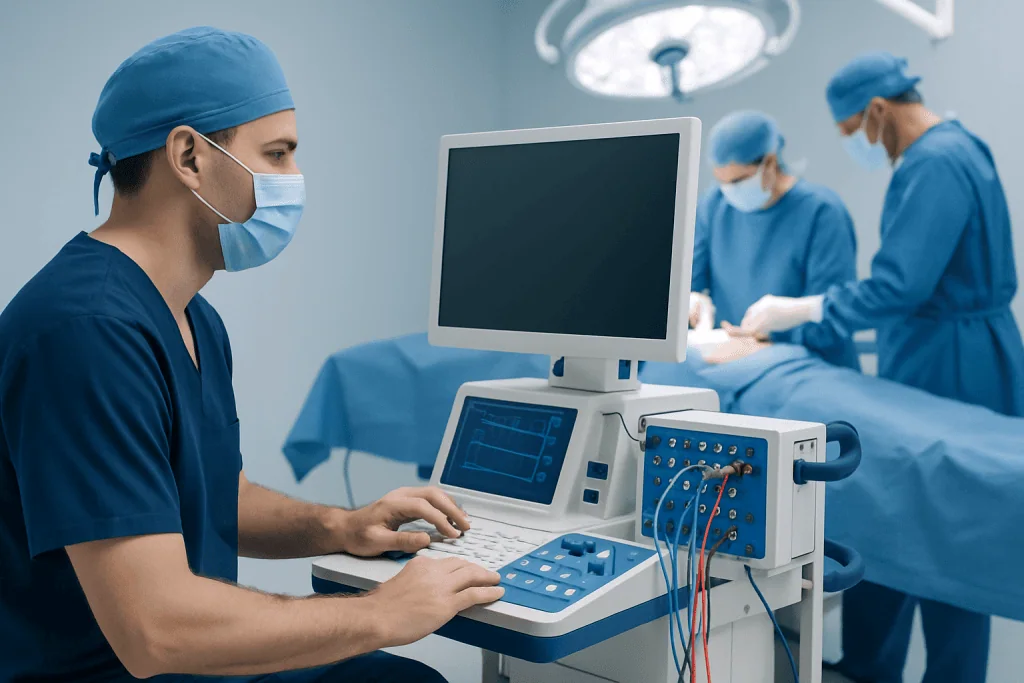 Medical team performing surgery in a modern operating room with advanced equipment.