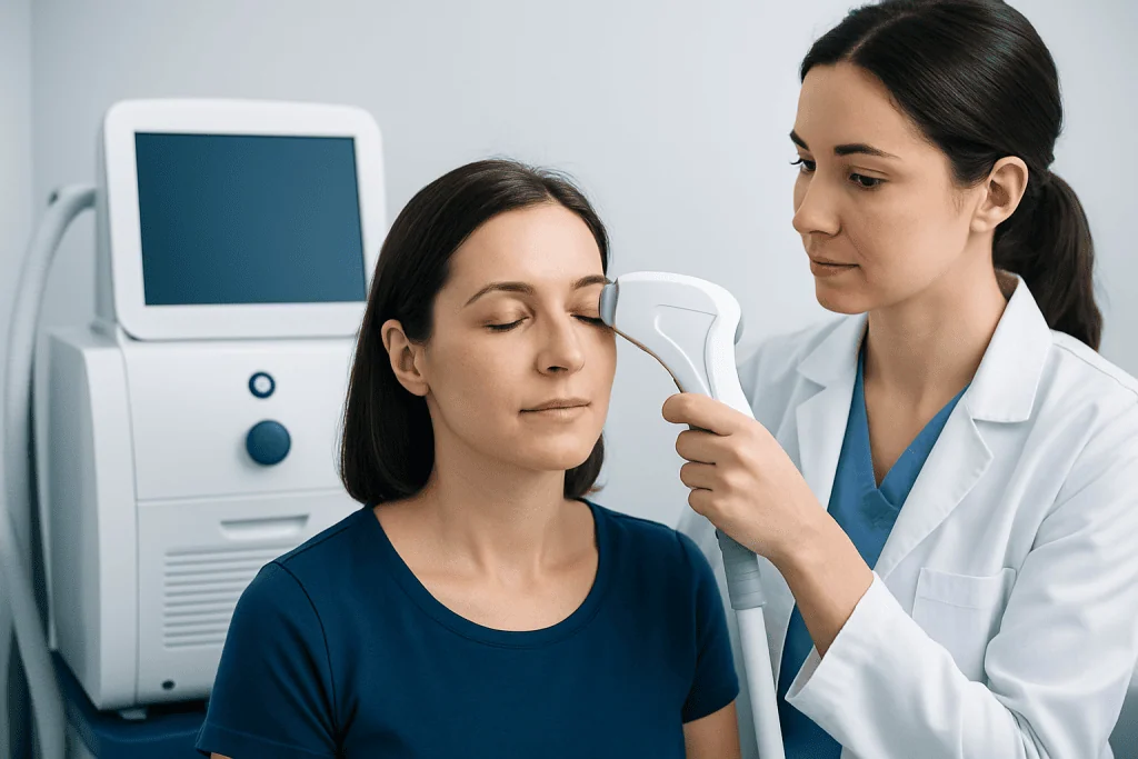 Ophthalmologist performs eye exam with advanced device at Acibadem Hospital.