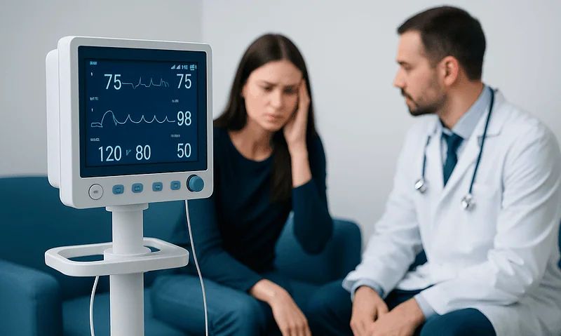 Doctor consulting with patient in a hospital setting with monitoring equipment.