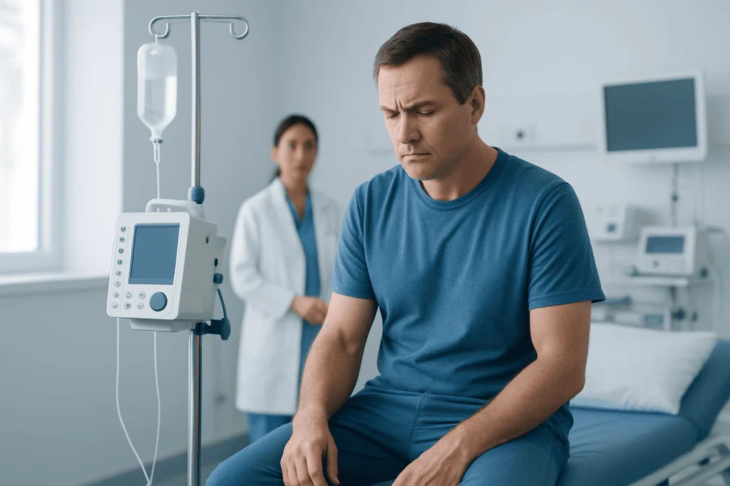 Man in hospital bed with medical staff in background, IV drip present.