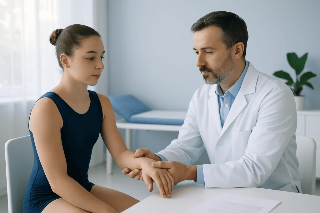 Doctor examining a young girl's wrist in a medical consultation room.
