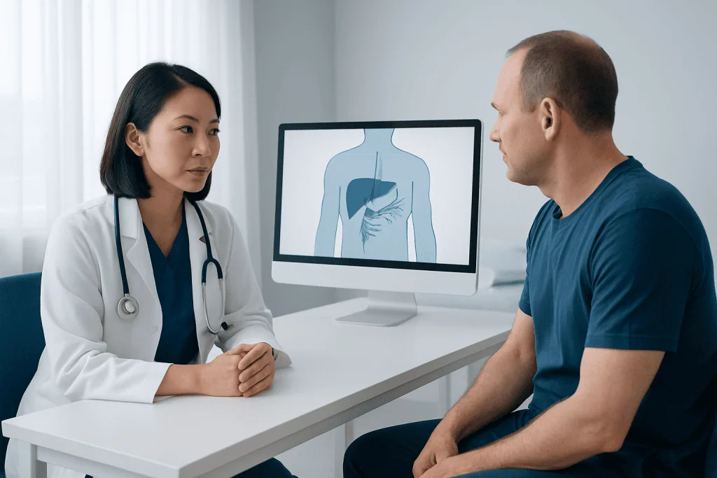 Doctor explaining liver scan to patient in consultation room.