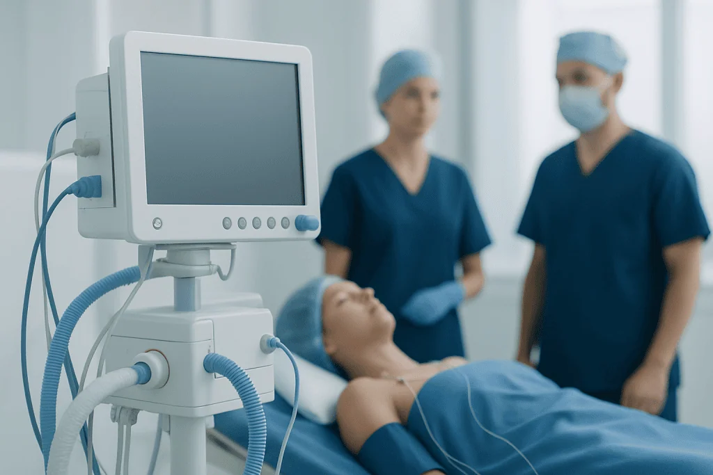 Patient on ventilator with medical team in hospital ICU.