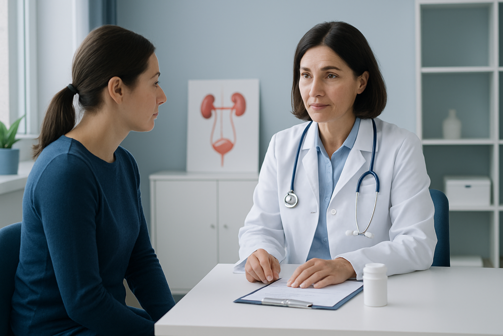 Doctor consulting with a patient in a medical office with urinary system diagram.