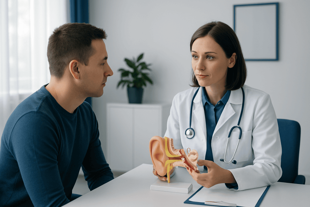 Doctor explaining ear anatomy to patient with ear model in clinic.