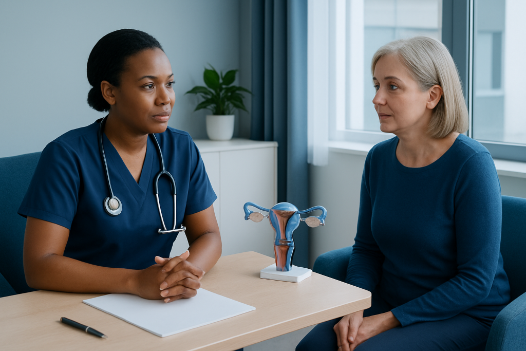 Doctor discussing endometrial cancer treatment options with patient.