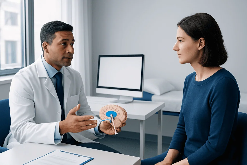 Doctor explaining brain anatomy to female patient in consultation room.
