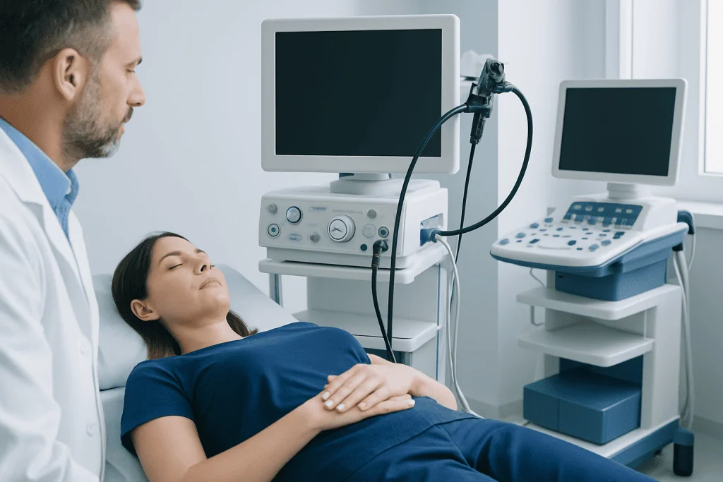 Doctor performing gastroparesis diagnostic test on patient in hospital.