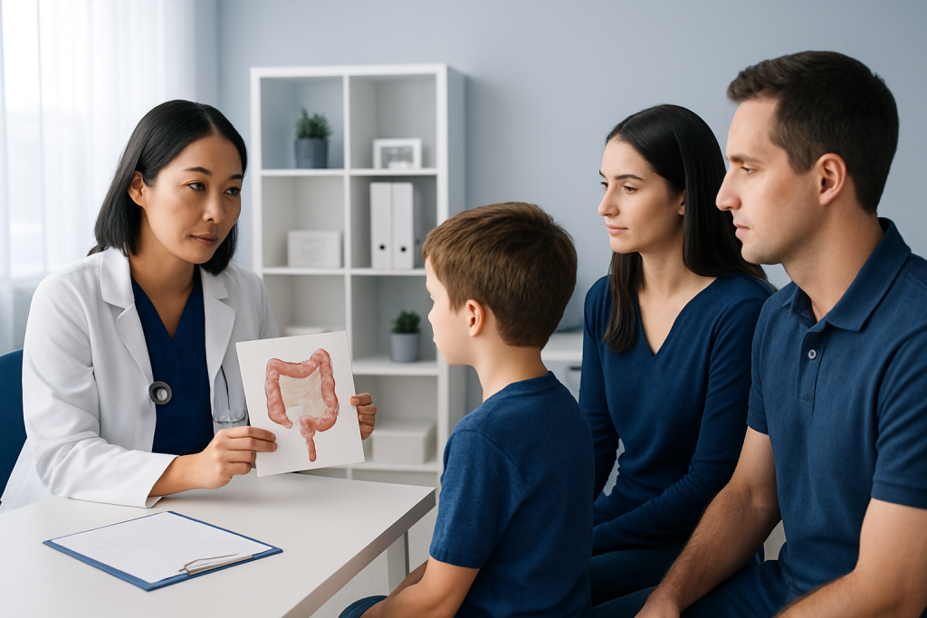 Doctor explaining Hirschsprung disease to young patient and family.