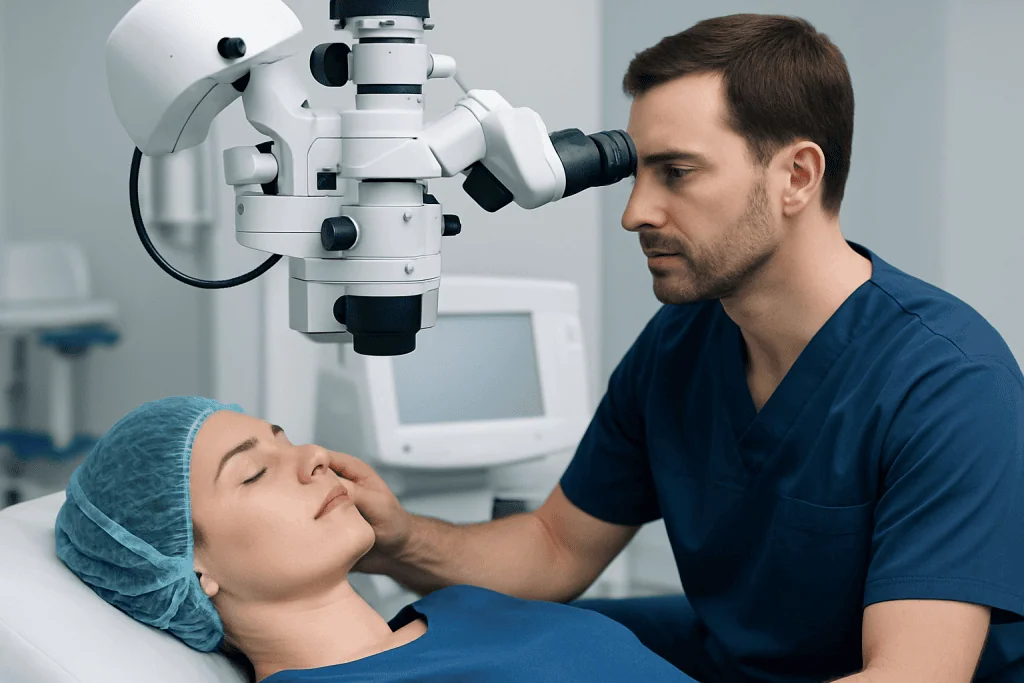 Ophthalmologist examining patient's eye with a microscope in a clinical setting.