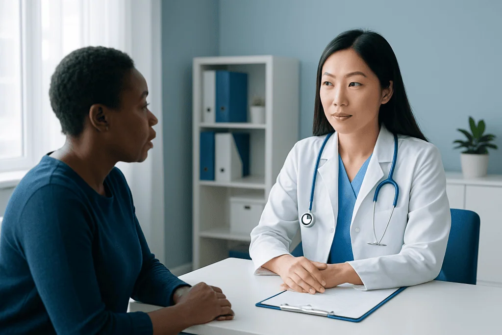 Doctor consulting with a patient in a medical office setting.