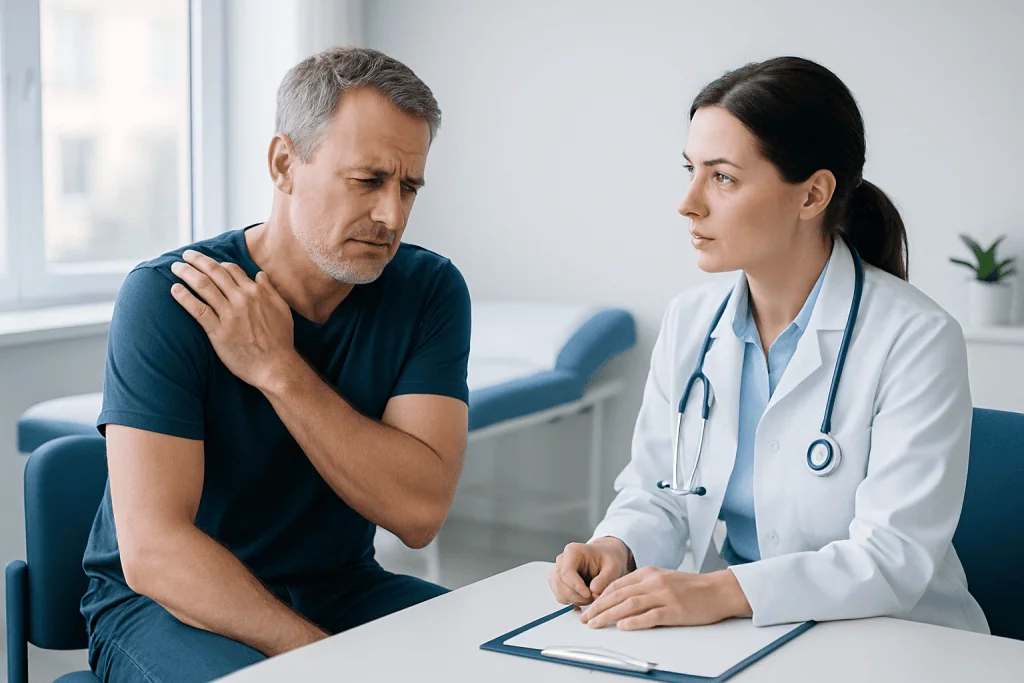 Patient consulting doctor about shoulder pain at Acibadem Hospital.