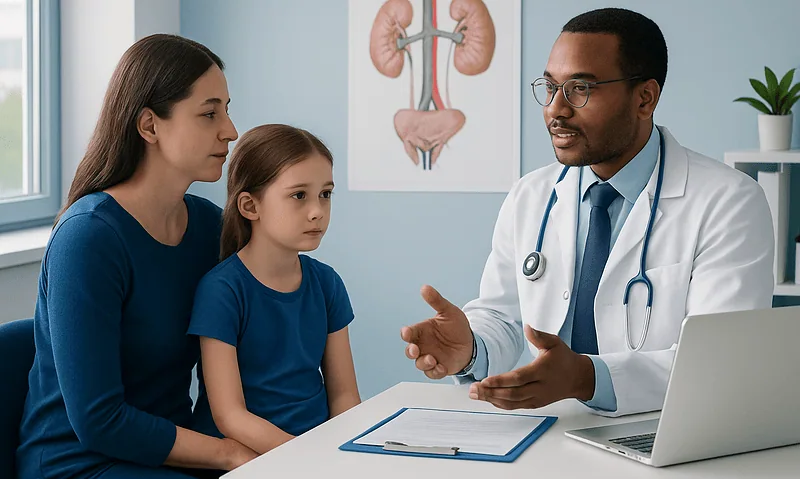 Pediatric consultation with a doctor discussing kidney health with a mother and daughter.