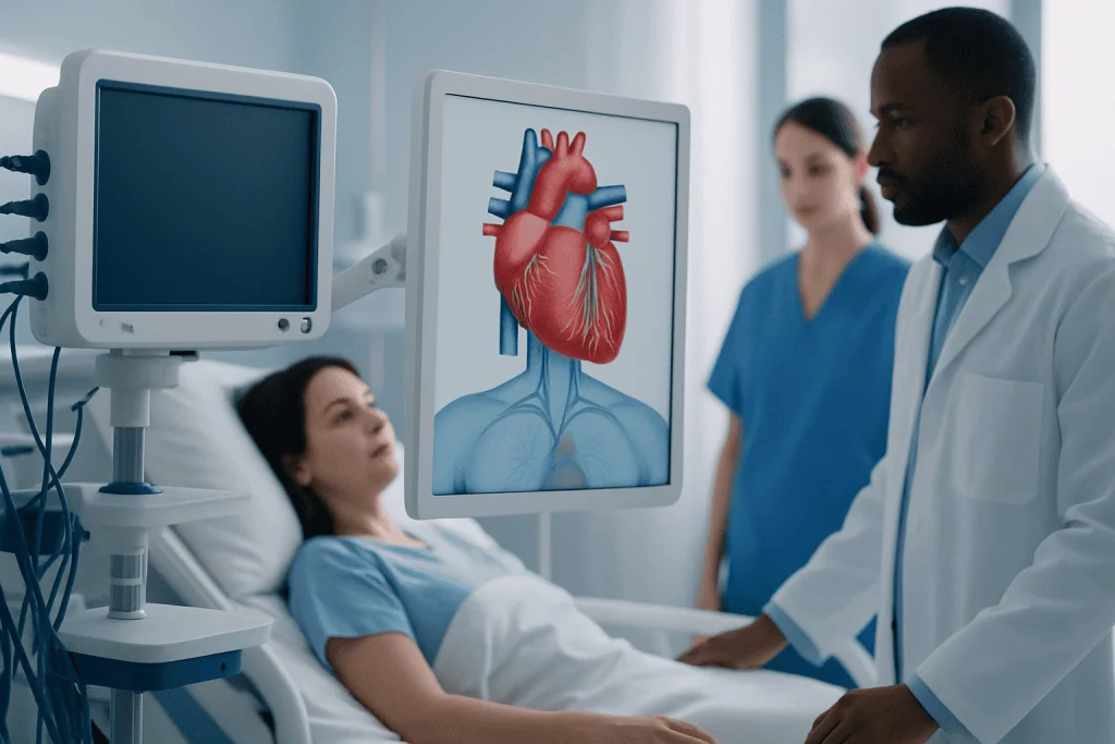 Medical team discussing heart health with patient in hospital room.