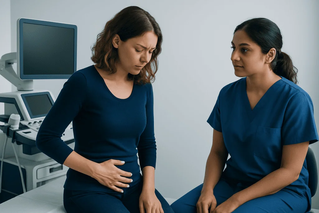 Woman with abdominal pain consulting with healthcare professional in clinic.