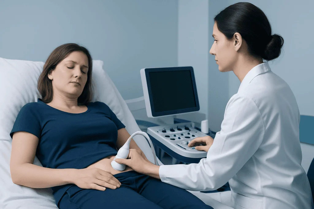 Doctor performing abdominal ultrasound on patient in hospital room.