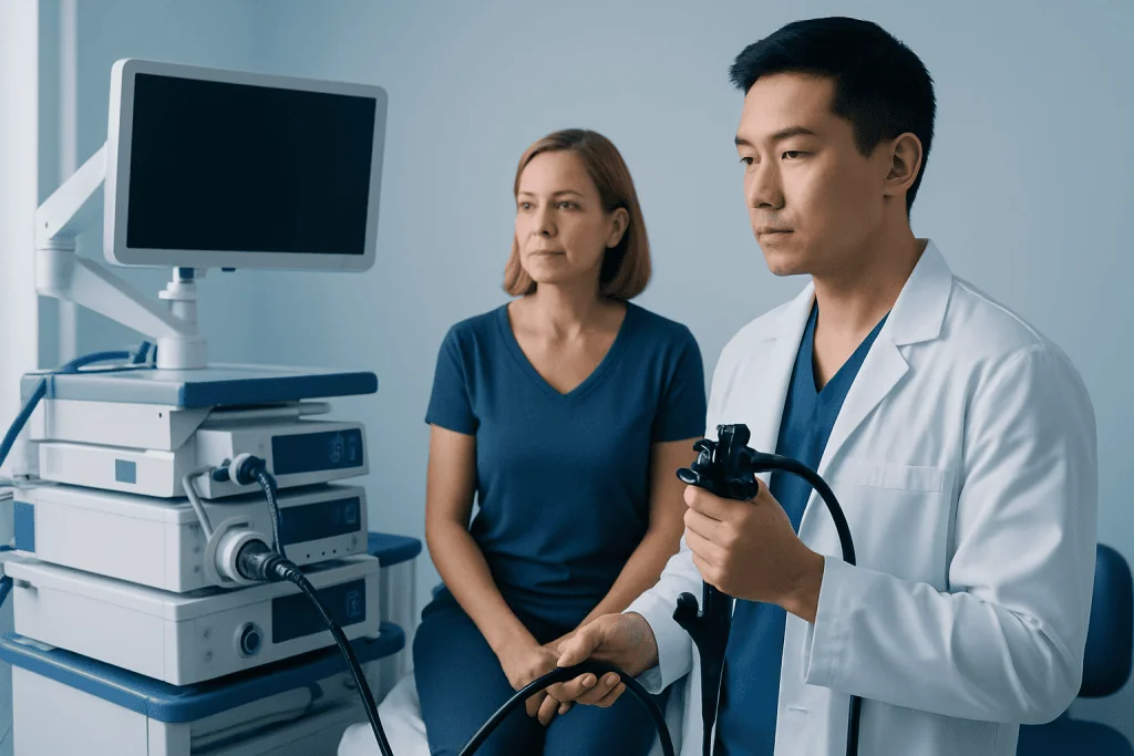 Urologist performing cystoscopy on female patient in medical clinic.