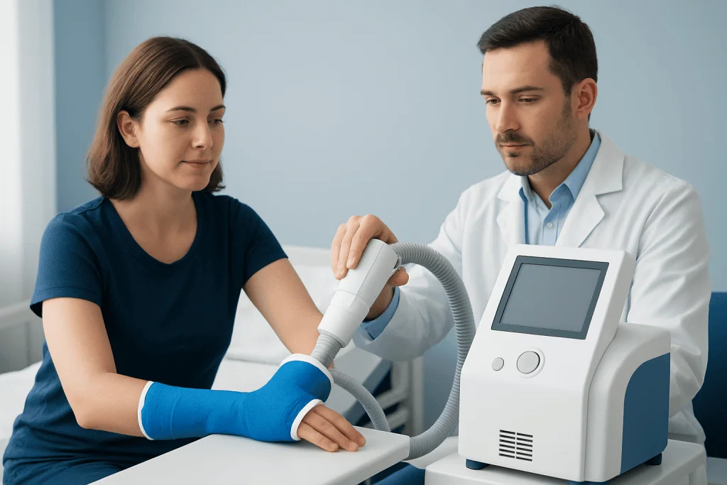 Doctor applying a waterproof cast to a patient's arm in a medical setting.