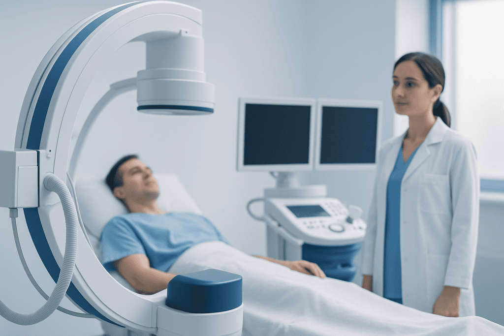 Patient undergoing medical imaging scan at Acibadem Hospital.