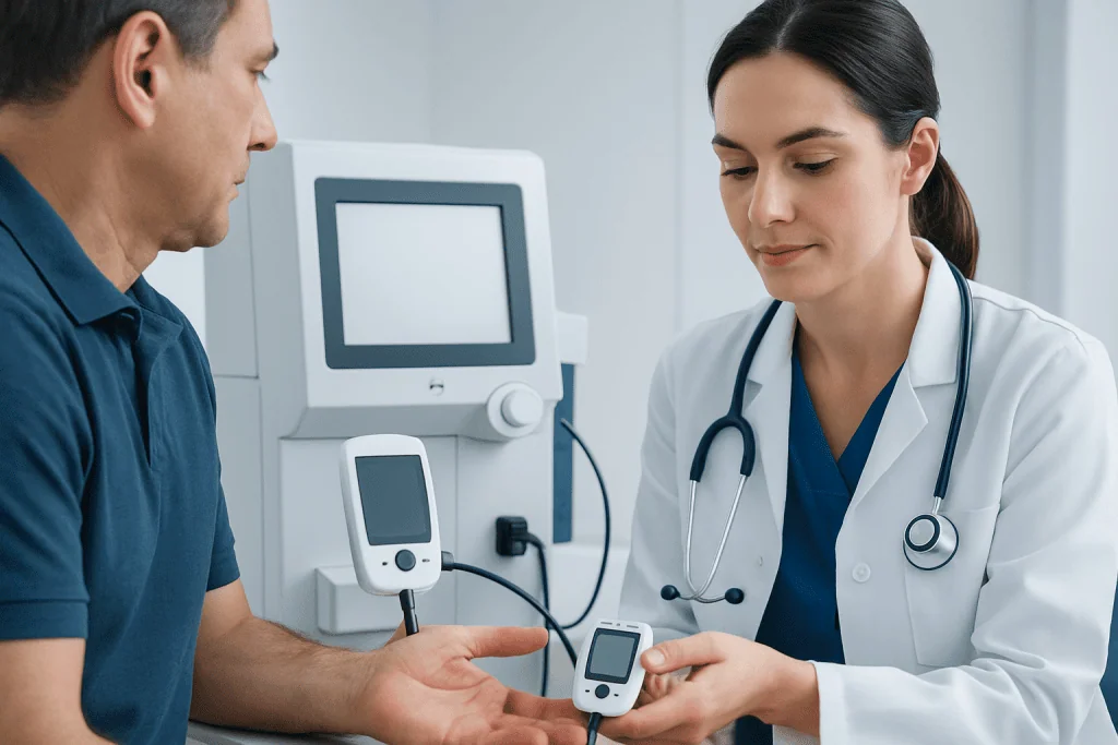 Doctor checking blood glucose levels of a patient in a clinical setting.