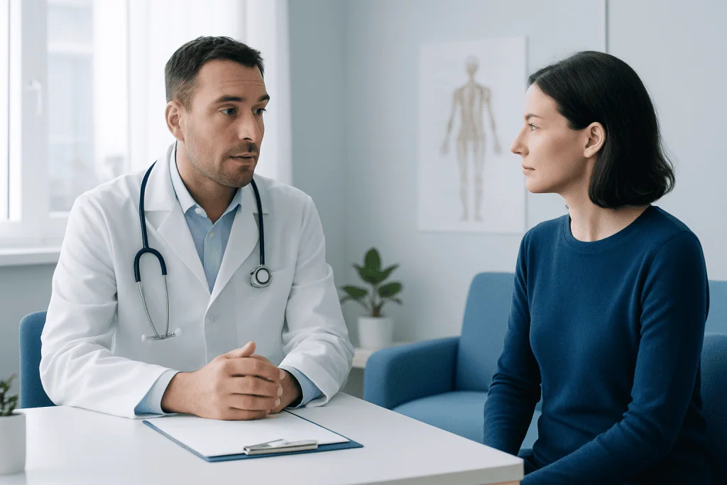 Doctor consulting with a female patient in a modern clinic setting.